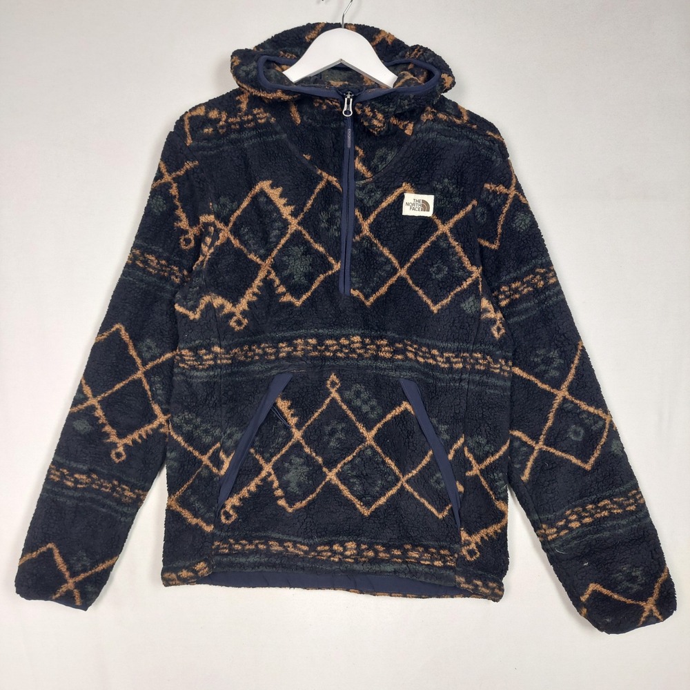 The North Face Mens Small Aztec Tribal Sherpa Fleece Quarter Zip Hoodie Navy